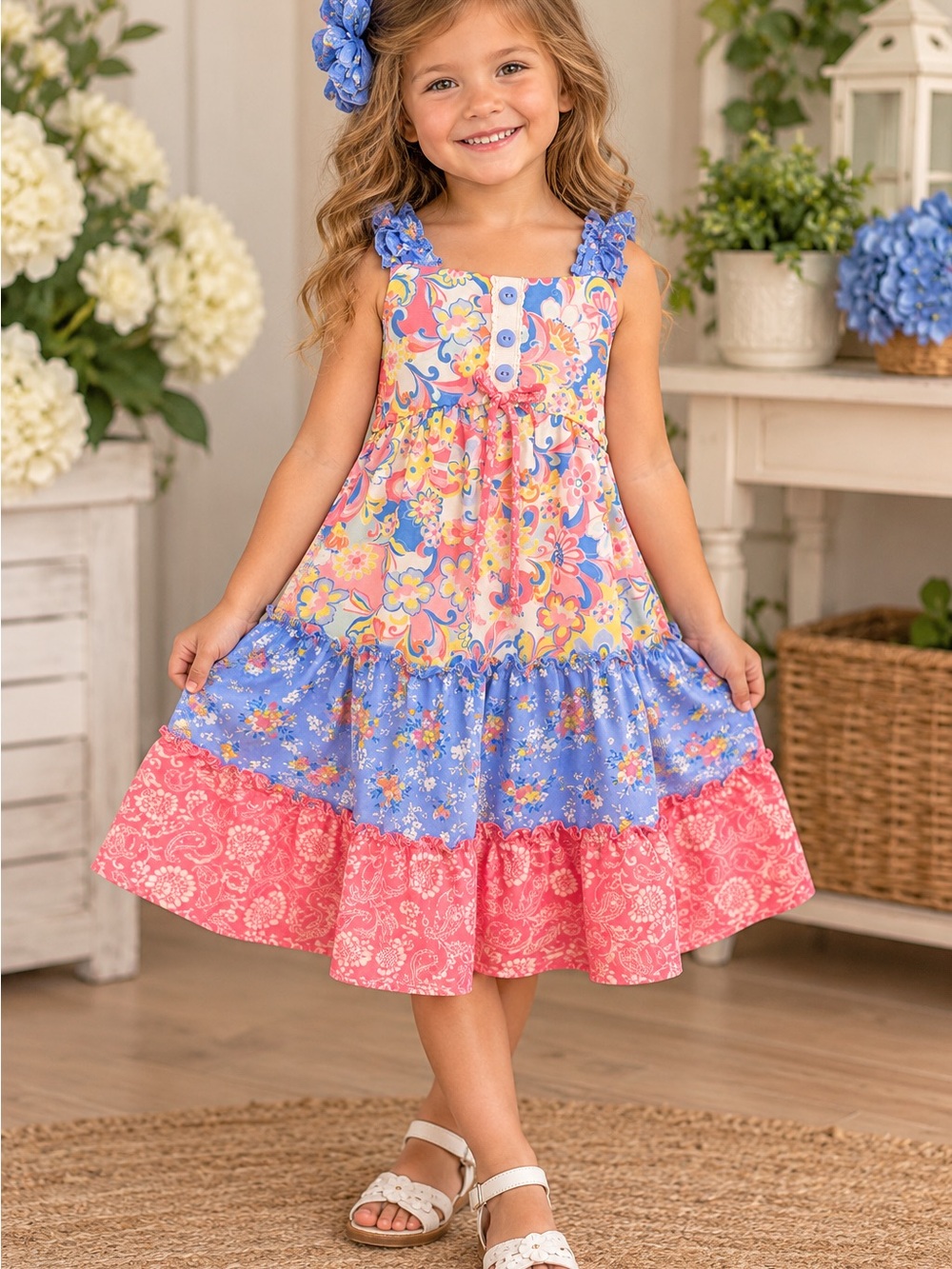 Jona Michelle Girls 5 Floral Tiered Ruffle Dress Blue Pink EUC